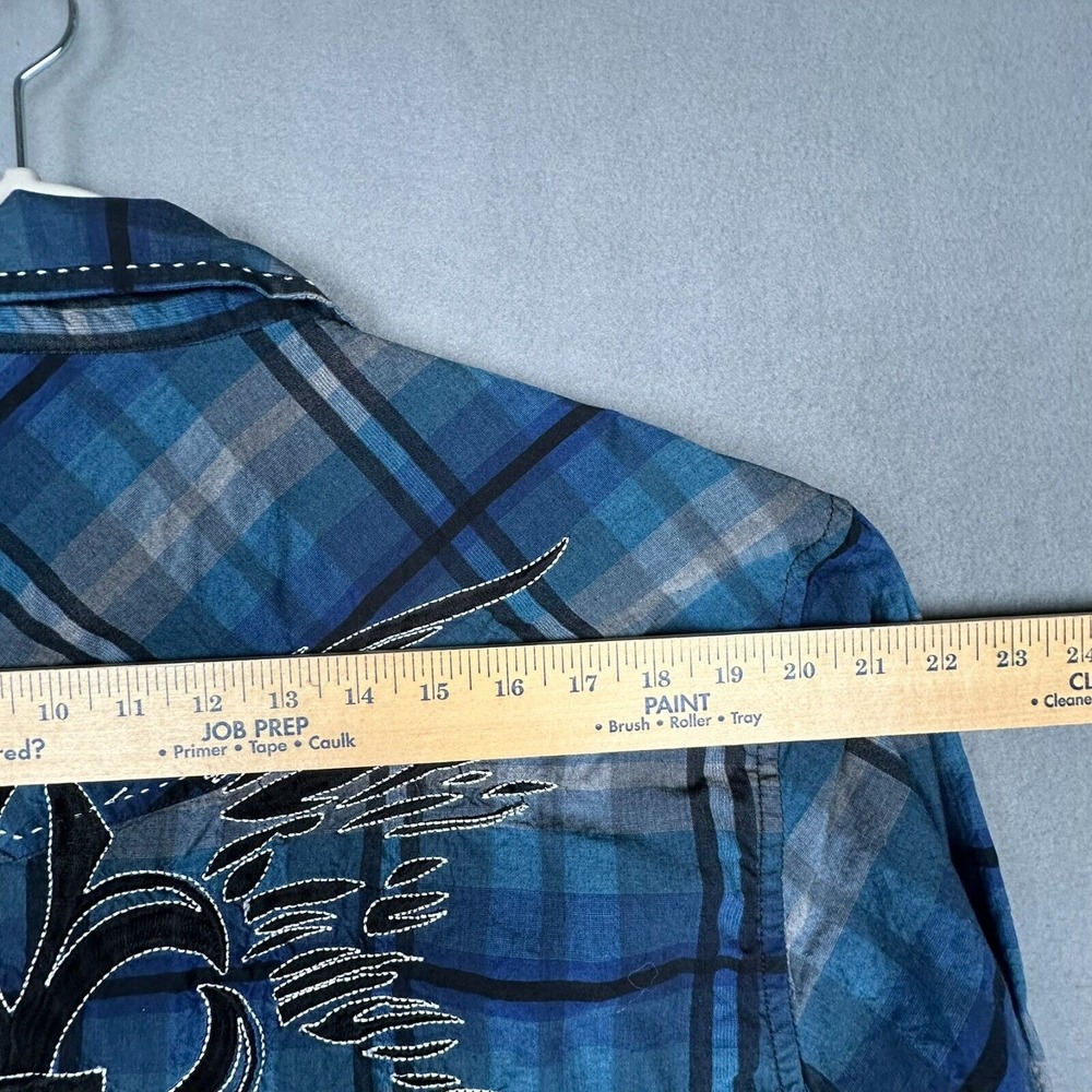 Red Ranch Pearl Snap Shirt XL‎ Blue Affliction Style Embroidered Y2K Western - Picture 13 of 14